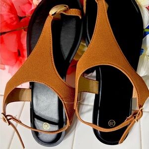 Classic Tan Slingback Flats with Gold Accent